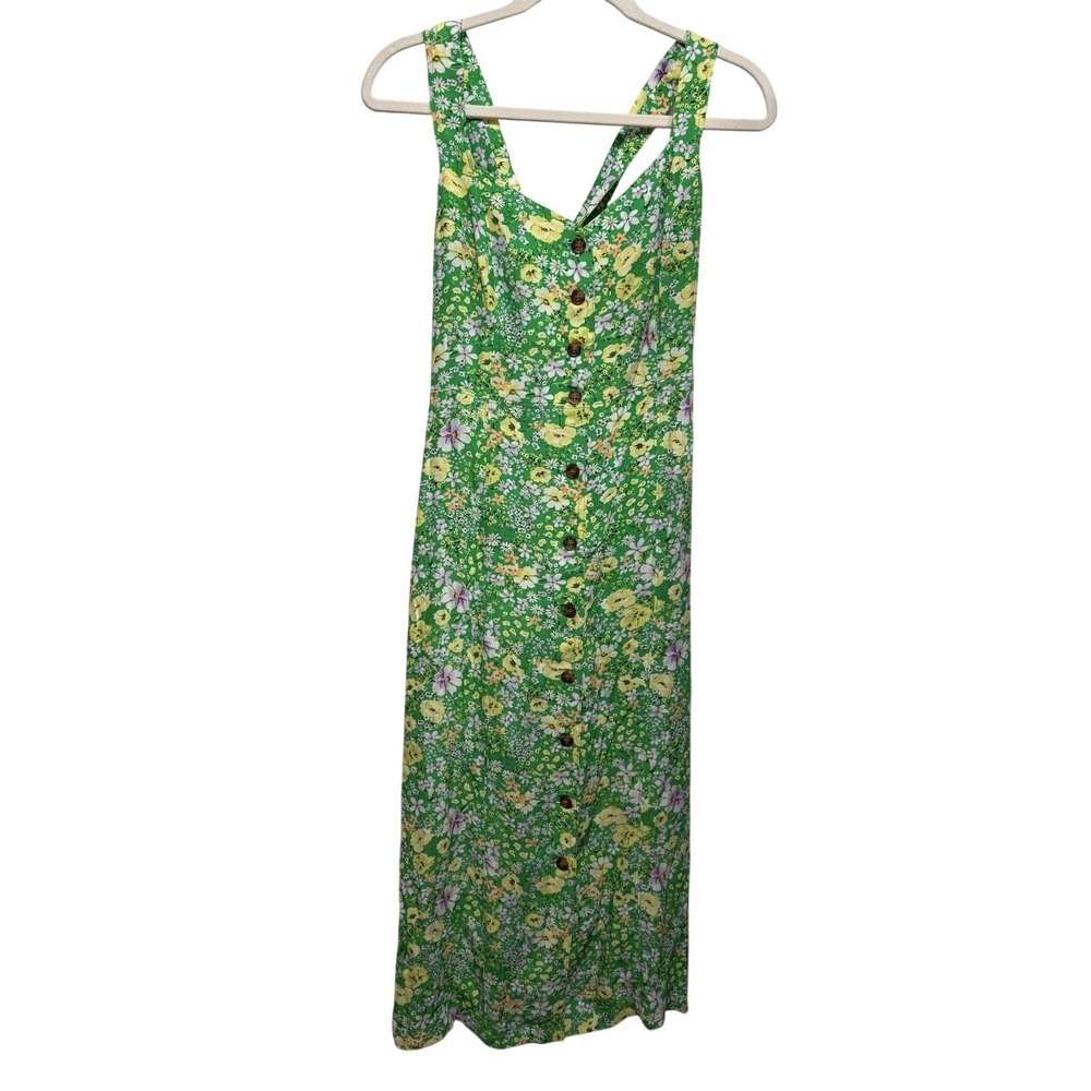 LOFT Green Floral Button Front Midi Dress 6 Women'sโ Sleeveless Crisscross Back